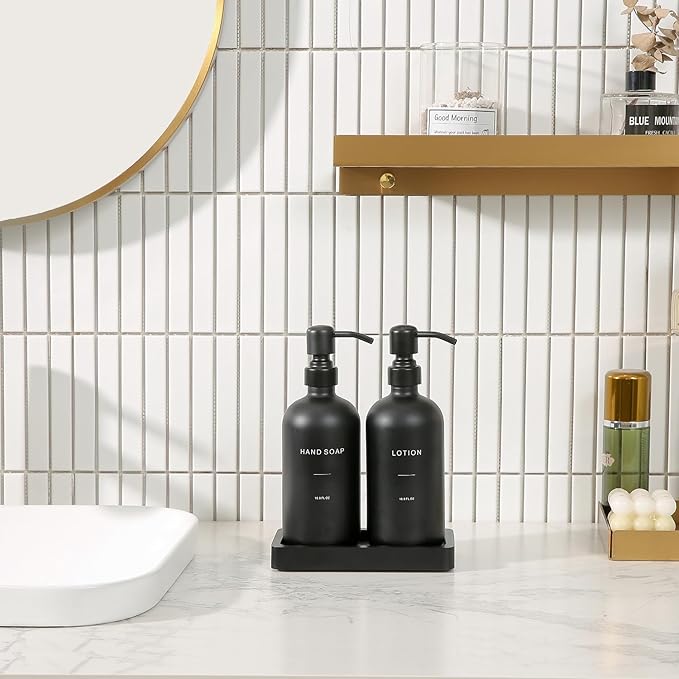 Prus Waso Black Soap Dispenser Bathroom Set, Soap and Lotion Dispenser Set with Stainless Steel Pump, Perfect for Bathroom Decor. (Black)
