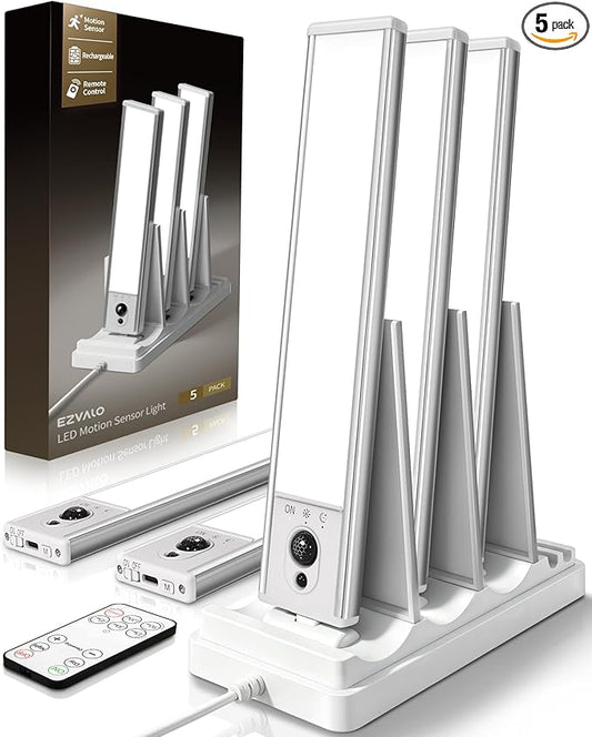EZVALO 5-Pack Under Cabinet Lighting with Charging Station, 2400mAh Motion Sensor Light, LED Coutner Lights Wireless, 6500K Dimmable, Timer, Magnetic, with Remote Control for Kitchen, Closet, Stair