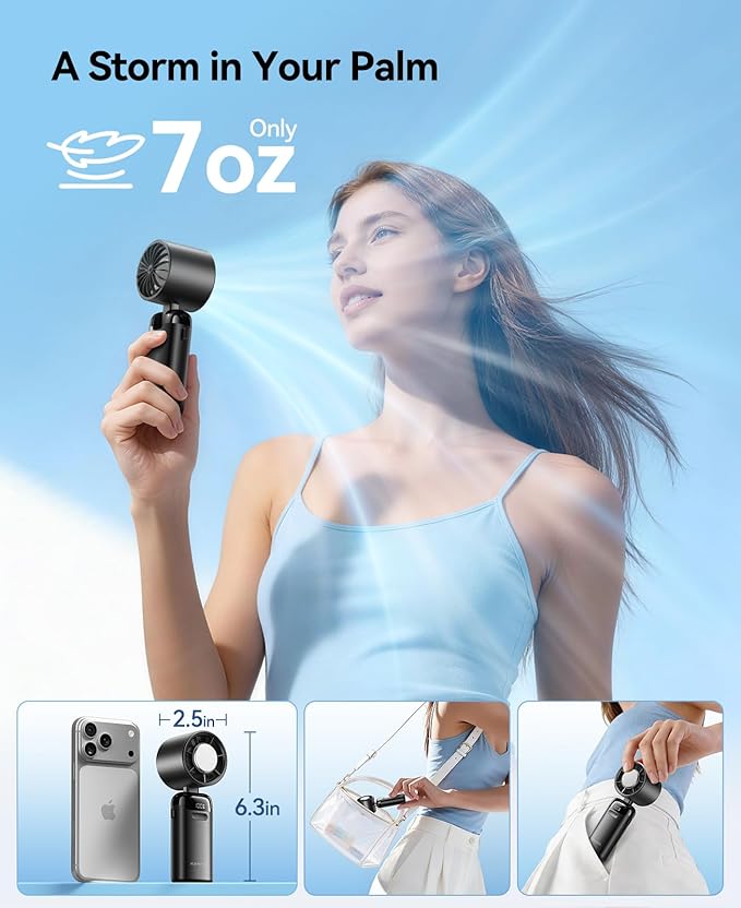 KIMMOO Handheld Portable Turbo Fan with Ice Cooler, Powerful 21000 RPM, Speed (1-199), Up to 14Hrs Cooling, Rechargeable Personal Fan, Small Pocket Hand Fans for Travel/Outdoor/Home/Office (Black)