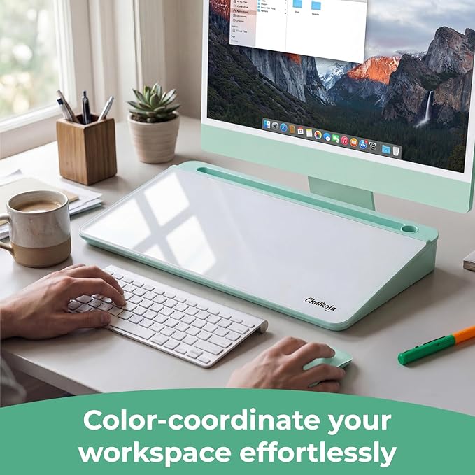 Chalkola Green Glass Desktop Whiteboard with Storage - Dry Erase Board, Work Desk Organizers, Computer Keyboard Stand, Home Office Desk Accessories, Workspace Desktop Buddy