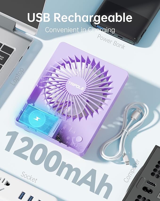 TriPole Mini Portable Desk Fan Rechargeable Ultra Quiet Small Fan 4.5 Inch Personal Travel Fan with 180° Tilt Folding and 3 Speeds Adjustable for Office Desktop Bedroom (Purple)