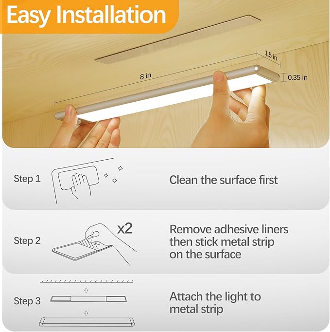 30-LED Motion Sensor Under Cabinet Lighting, 8-inch Magnetic Rechargeable Under Counter Closet Lights, Wireless Light Bar, 3-Pack, Warm White
