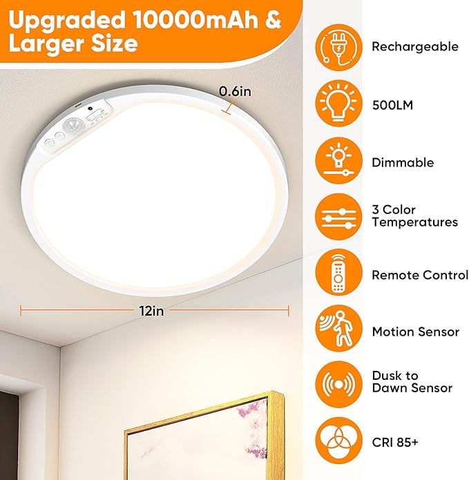 2-Pack 12" Larger 10000mAh Rechargeable Motion Sensor Ceiling Light with Remote, Battery Operated Closet Light No Wiring, Magnetic Wireless LED Ceiling Lights,3 Color Indoor Overhead Lamp for Shower