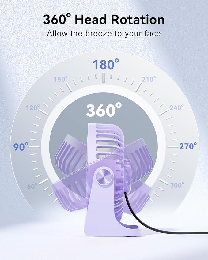 Edvision USB Desk Fan, 5 Inch Small Portable, 3 Speeds Powerful Wind Mini Personal Desktop Fan 360° Rotation Adjustable, Plug In USB Fan Quiet for Table Home Office Travel Car(Purple)