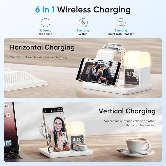6 in 1 Wireless Charging Station for Samsung Android with Clock & Night Light，Alarm Clocks for Bedrooms,Wireless Charger Stand Beside Clock for Galaxy S26 S25 S24 Ultra Galaxy Watch Galaxy Buds