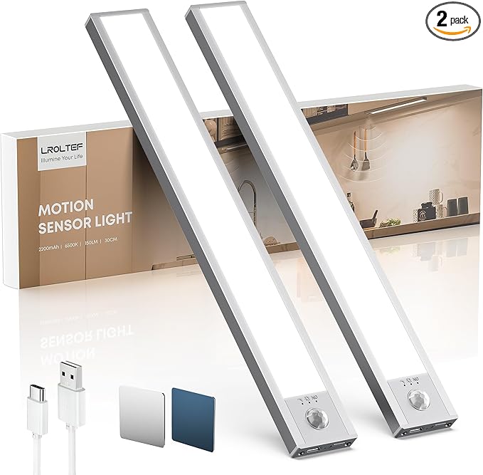 LROLTEF Under Cabinet Lighting Wireless, 2 Pack 11.8 inch 2200mAh 6500K Dimmable Motion Sensor Light Indoor, Rechargeable LED Under Counter Lights for Kitchen, Shelf, Stairs, Closet