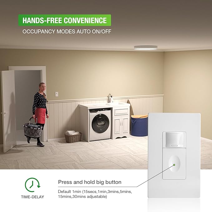 RAYZEEK Motion Sensor Light Switch, No Neutral Wire Required, No Ground Wire Needed,5A,Single Pole, Occupancy&Vacancy&Manual On/Off Override Motion Sensor Activated Wall Switch,PC Fireproof