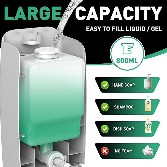 Commercial Soap Dispenser Wall Mount Manual Pump Hand Soap Dispenser 800ml Gel Liquid Hand Sanitizer Dispenser Self Adhesive for Home Bathroom (White)