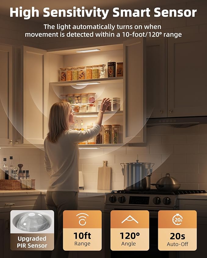 EZVALO 8-Inch LED Under Cabinet Lighting, Magnetic Wireless Motion Sensor Light, Rechargeable 1800mAh, 3 Color Temperatures & Dimmable, for Kitchen, Closet, Pantry, Stairs