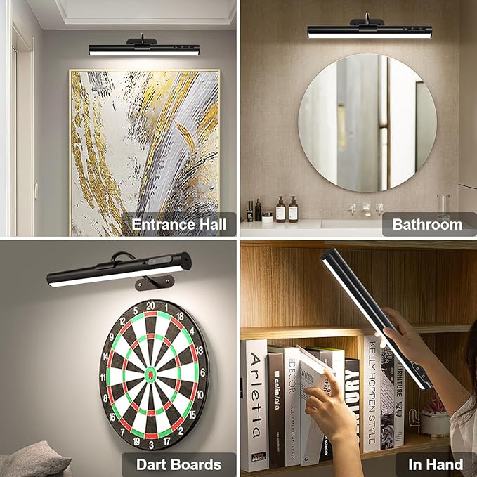 Hapfish Picture Lights for Wall Battery Operated,Wireless Art Light for Paintings, Rechargeable Wall Sconce for Picture with Remote Control,Dimmable Wall Lighting for Gallery Dartboard Mirror - Black