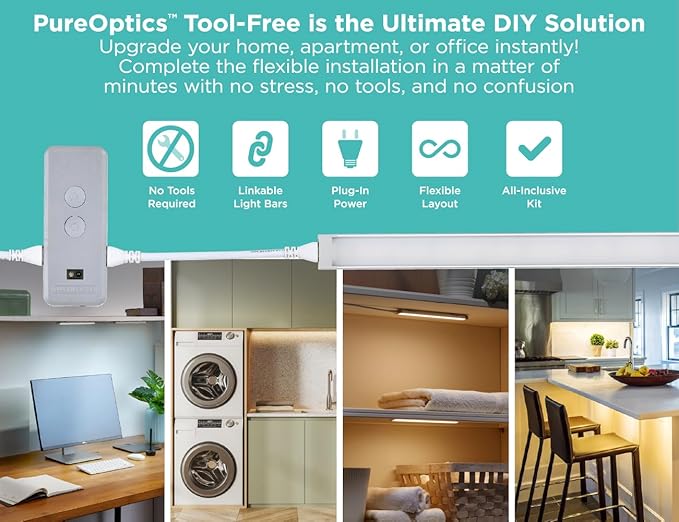 PureOptics LED Under Cabinet Light Kit, Motion Sensor, Dimmable, Linkable, 3 Color Settings, Tool-Free, for Kitchen, Cabinets and Closets, (3) 9" Bars
