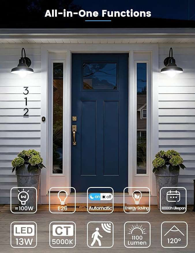Motion Sensor Light Bulbs, 13W (100Watt Equivalent), Motion Activated Dusk to Dawn Security LED Bulb, 5000K Daylight, Energy-Efficient, for Indoor and Outdoor Lighting, Porch, Stairs, Hallway 2Pack