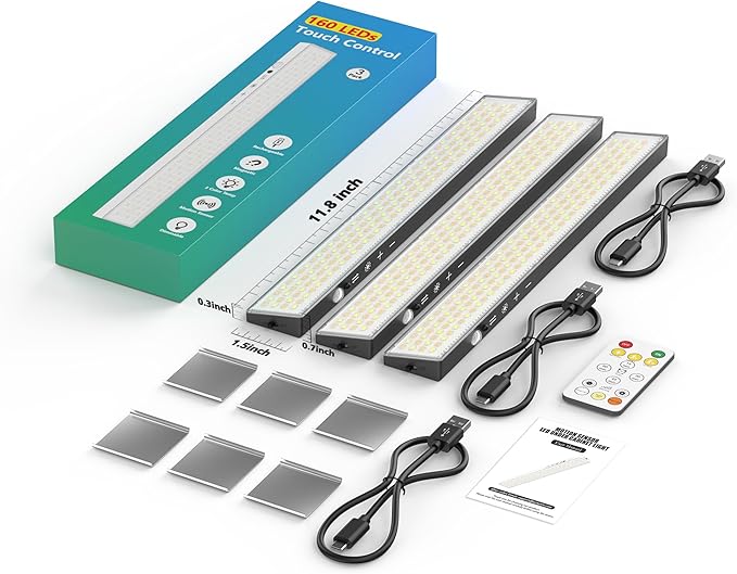 12inch 3Pack Touch Control Under Cabinet Lighting, 160LED Super Bright, 4000mAh Long-Lasting, Magnetic Rechargeable Motion Sensor Under Counter Lights for Kitchen, Closet, Remote, Dimmable, 3CCT丨Black