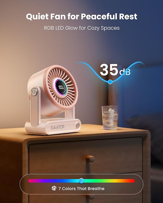 Gaiatop Portable Quiet Desk Fan, 6000mAh Rechargeable Battery Fan with RGB Ring, 18Hrs Runtime, 5-Speed Strong Wind, Bedroom Office Desk Accessories, Gifts for Women Girls Mom, Pink