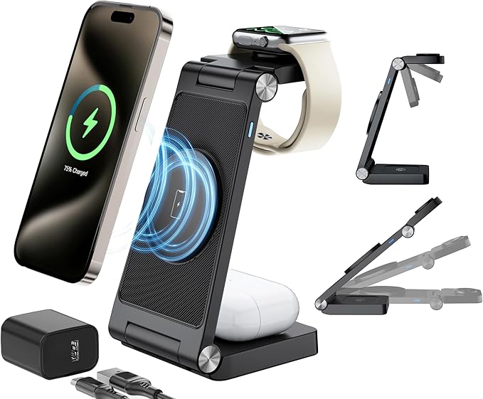 Magnetic Wireless Charging Station, 3 in 1 Fast Max Charging for iPhone 17 16 15 14 13 12 Pro Max Plus, Apple Watch, Air Pods Pro - Space-Saving Multi-Device Stand (Black)