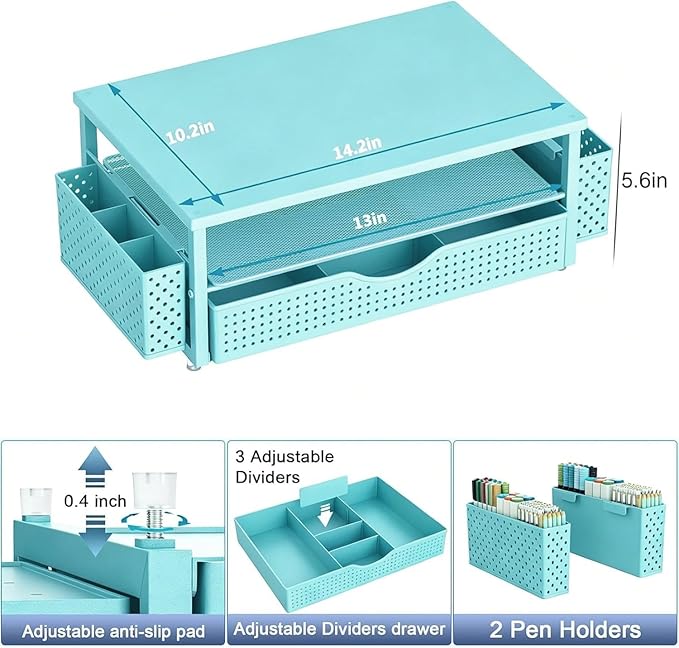 Spacrea Desk Organizer and Accessories, Computer Monitor Stand Riser with Drawer and 2 Pen Holders, Office Desk Accessories & Workspace Organizers for Office Supplies (Blue)
