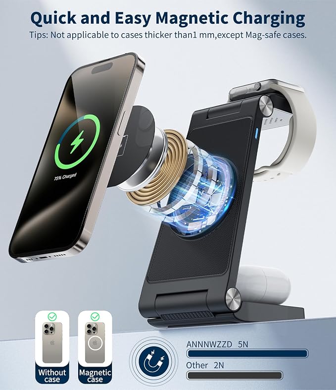 Magnetic Wireless Charging Station, 3 in 1 Fast Max Charging for iPhone 17 16 15 14 13 12 Pro Max Plus, Apple Watch, Air Pods Pro - Space-Saving Multi-Device Stand (Black)
