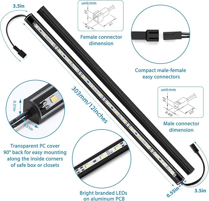 Litever LED Safe Lighting Kit. Door Control Activated. 6 pcs Slim 12 inch Light Bars. Linkable Extendable Plug-in for Gun Safe, Closet, Showcase, in-Cabinet Under Counter Pantry. Daylight 5000K