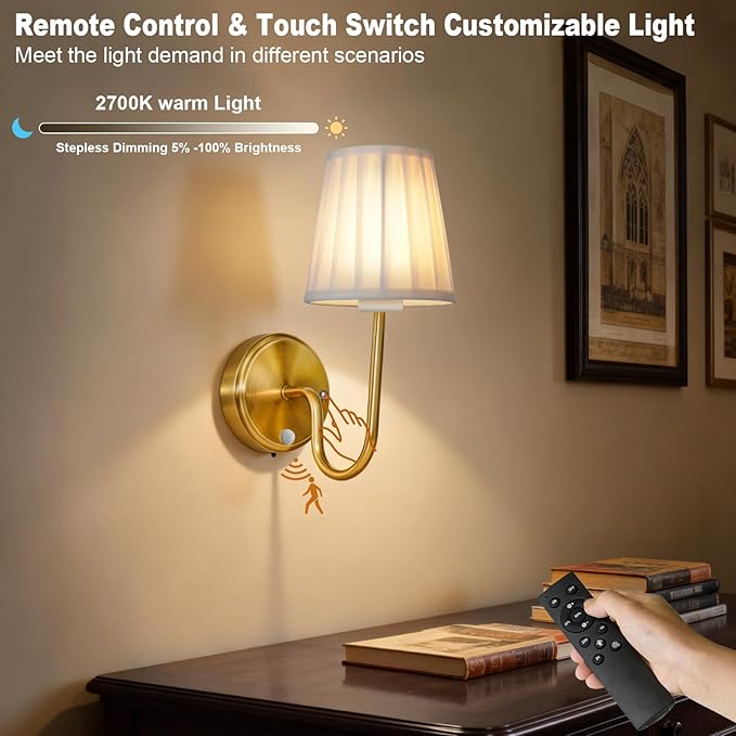 Cordless Motion Sensor Wall Sconce Set of 2, Rechargeable Wireless Wall Lamp with 5200mAh Battery, Dimmable Fabric Wall Sconce Light with Switch and Remote for Living Room Bedroom Hallway