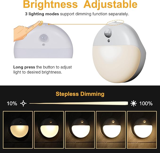 YUNLEX 2 Pack Motion Sensor Light Indoor, 2.6" Small Stick on Lights for Stairs, Bathroom, Dimmable Battery Night Light, 3 Light Modes, Soft LED Light for Travel, Toliets, Bedroom, Kids, Warm White