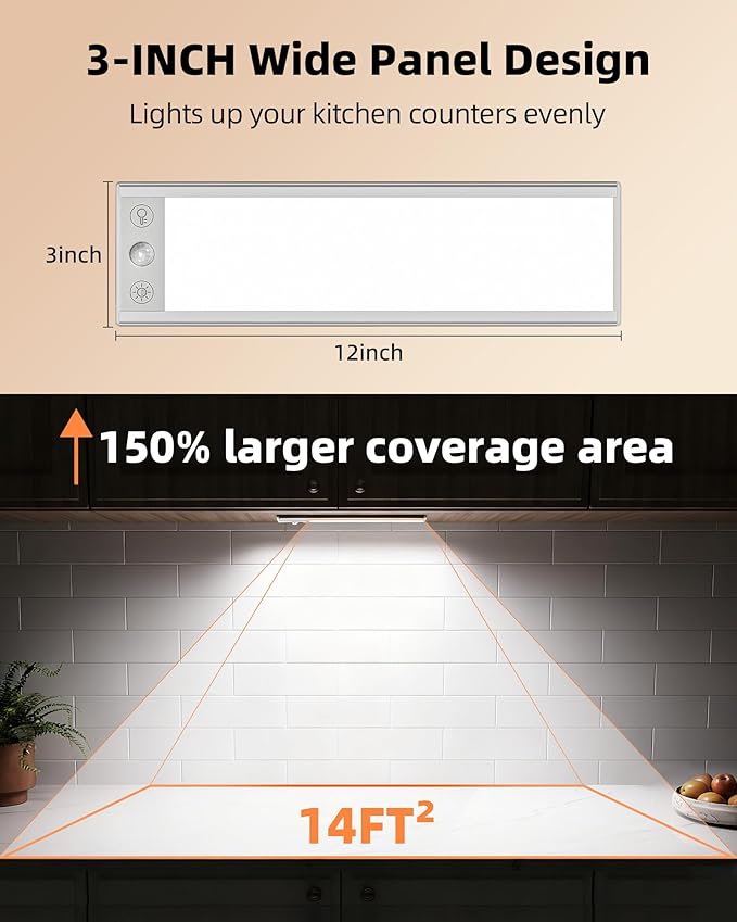 EZVALO 200LM Super Bright Under Cabinet Lighting Wireless, 5000mAh Rechargeable Battery Motion Sensor Light Indoor, Dimmable Under Counter Lights for Kitchen, 3-Inch Ultra-Wide Panel Closet Light