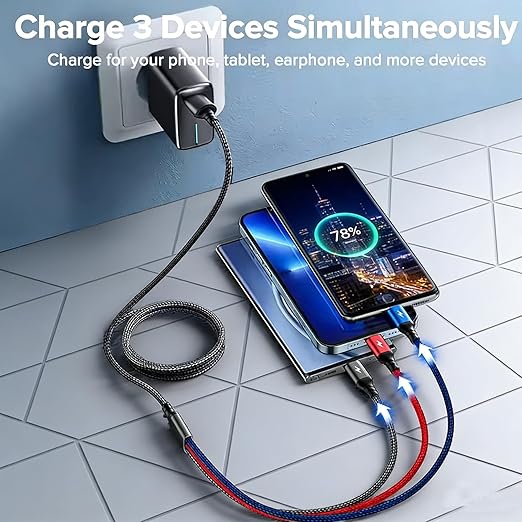 Multifunction USB Charging Cable Set,3 Pack 3 in 1 Nylon Braided Cord,Multiple Fast Charger Cords for Home,Office,Car