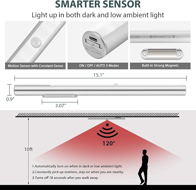 Alivation 48 LED Closet Light Motion Activated, T401 Led Under Cabinet Lighting Battery Operated Light, Rechargeable Large 4500 mah Battery Powered, Under Counter Lights for Kitchen, Stick on for Wall
