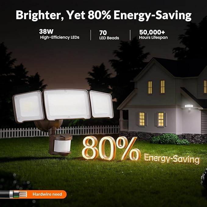 LEPOWER LED Security Light Motion Sensor Light Outdoor, 38W 4200LM Motion Security Light, 5500K, IP65 Waterproof, 3 Head Motion Detected Flood Light for Garage, Yard, Porch (Brown)