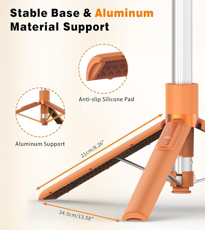 TONEOF 68" Magnetic Selfie Stick Tripod with Aluminum Strong Magnetic Holder for Magsafe, 360° Rotatable Travel Phone Tripod Stand with Metal Ring & Rechargeable Remote for iPhone/Android（Orange）