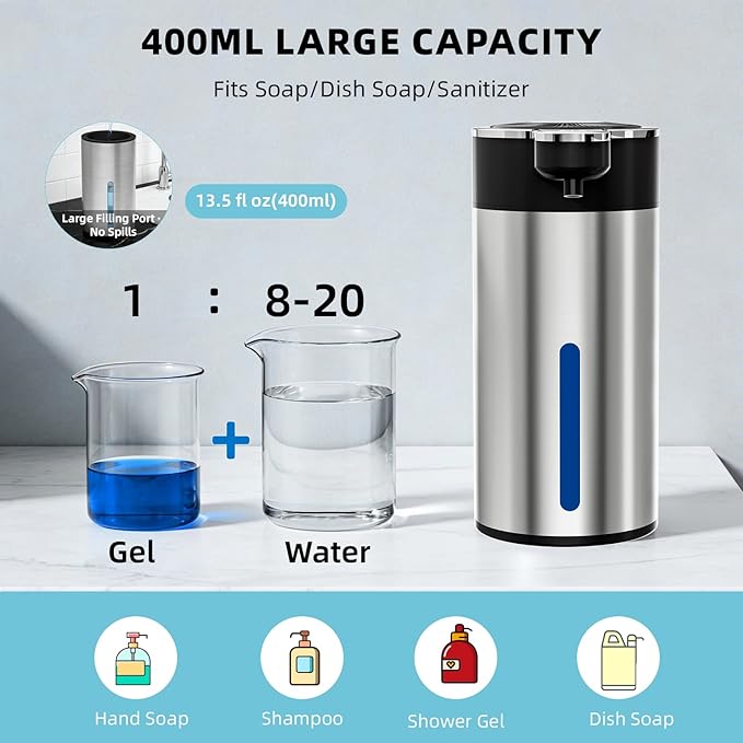 Touchless Automatic Liquid Soap Dispenser for Kitchen, Rechargeable, 13.5oz Large Capacity, Fast Sensor, 4 Adjustable Liquid Levels, Waterproof, Clog-Free Pump(Stainless Steel Liquid)