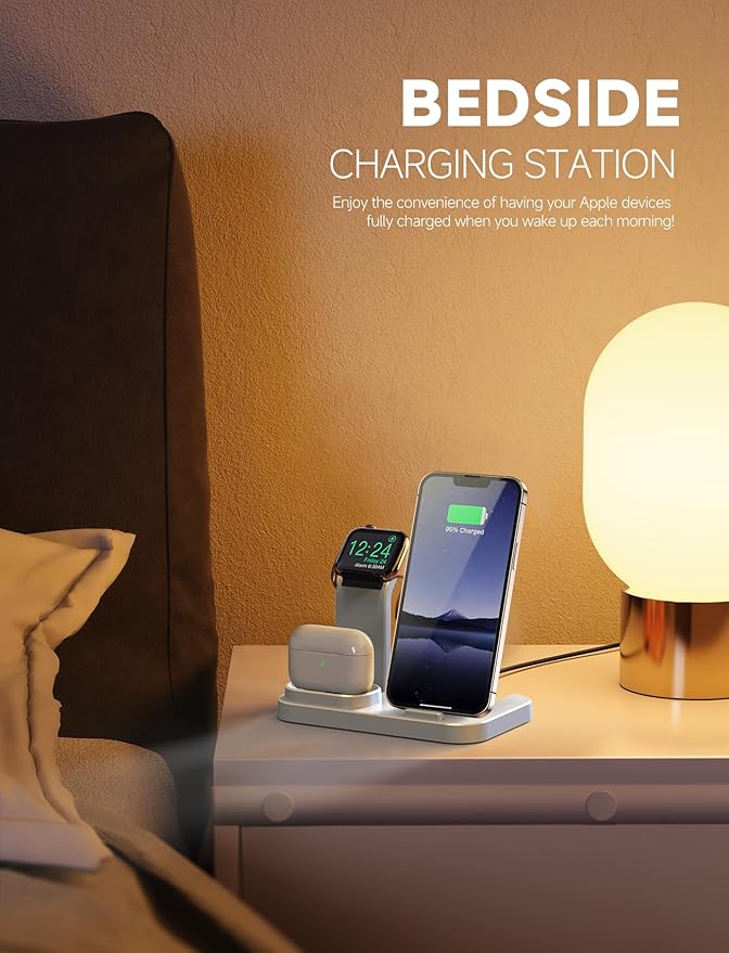 Wireless Charging Station 3 in 1 RJR Compatible with Apple Devices, Charging Dock for iWatch, Built-in Wireless Charger Stand for iPhone Series AirPods Gifts (with 18W Adapter) White