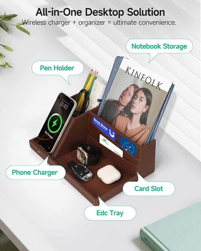 Fast Wireless Charging Station with Desk Organizer for iPhone 17/16/15/15 Pro/14/14 Pro Max/14 Pro/14 Plus/13/13 Pro Max/13 Pro/and iPhone 12/11 Series, Nightstand Desktop Organizer, Brown
