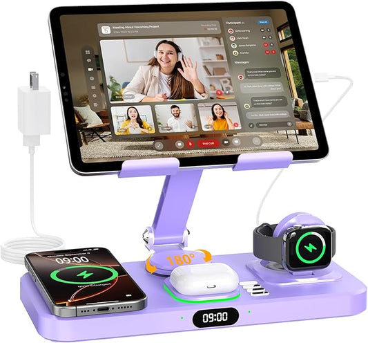 30W Charging Station for Apple Products, Foldable Wireless Charger with Clock Display&7 Color Light, Wired Charging for iPad/Tablet Charging Station for iPhone17, for Apple Watch11 for AirPods4(Purple