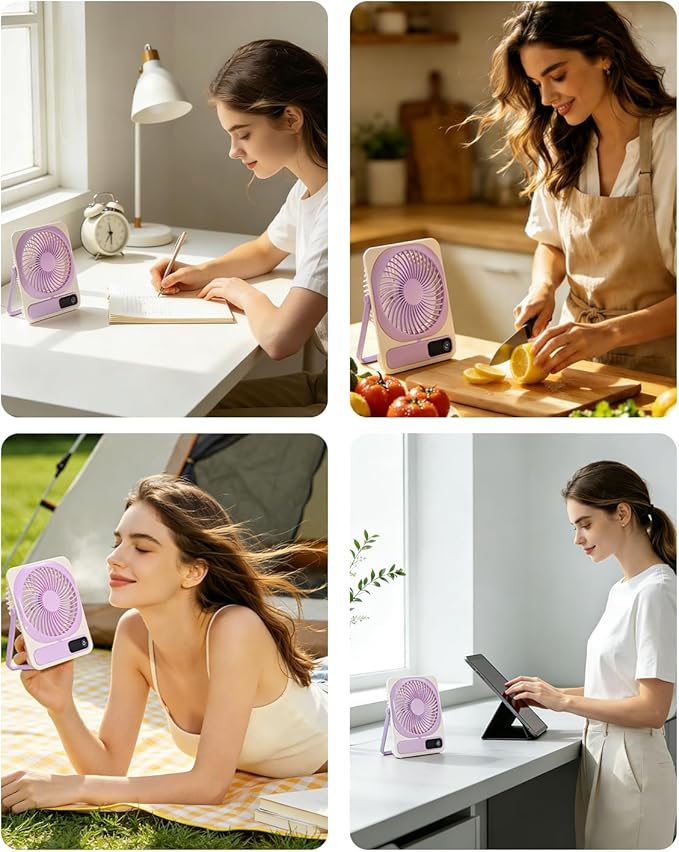 Portable Folding Desk Fan, 5-Speed Quiet Personal Fan w/180° Adjustable Stand & Strong Airflow, 2000mAh Rechargeable Battery Operated Small Fan for Home Office Travel, Tabletop or Hanging Use