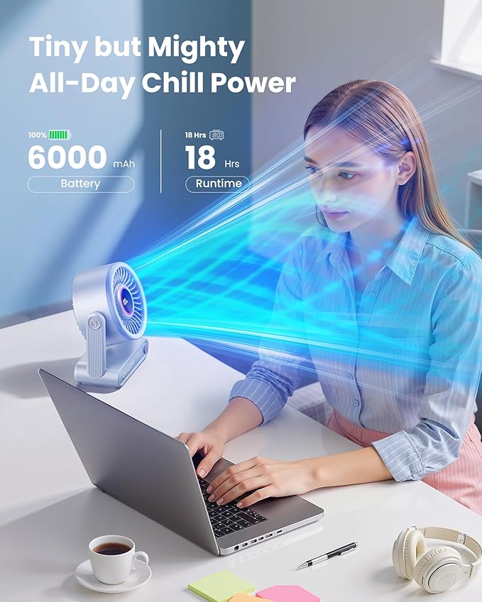 Gaiatop Portable Quiet Desk Fan, 6000mAh Rechargeable Battery Fan with RGB Ring, 18Hrs Runtime, 5-Speed Strong Wind, Bedroom Office Desk Accessories, Gifts for Women Men Teens, Blue
