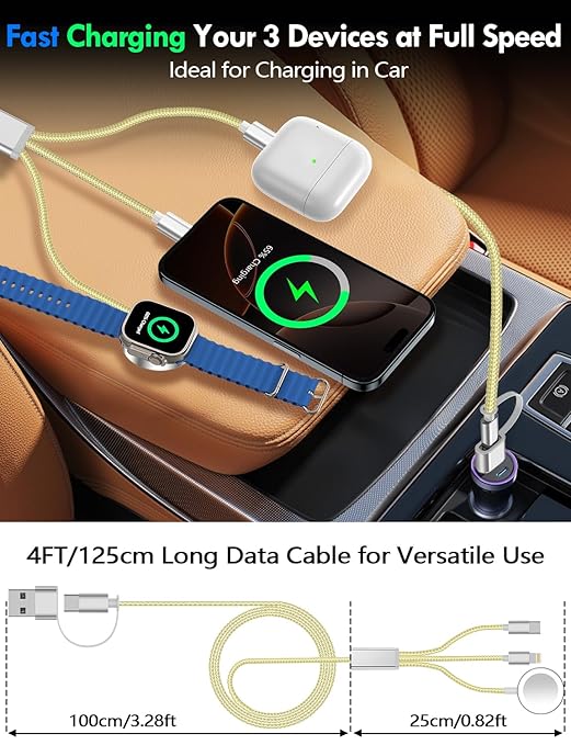 1Pack Multi Charging Cable Cord for Travel Essentials,Apple Watch Charger,iPhone Charger,[3-in-2] Type C/Lightning Cable Portable Designed for iWatch,iPhone 17-8,Galaxy S25-21,AirPods,iPad-4FT Yellow