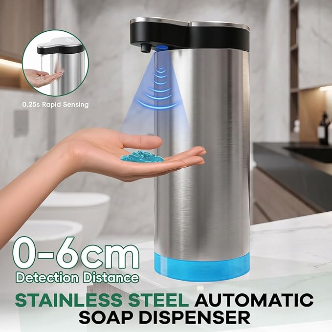 Automatic Soap Dispenser Touchless,Stainless Steel Hand Soap Dispenser,11.8oz/350ml,4 Adjustable Levels,USB Rechargeable,Desktop & Wall-Mounted Dual Use,for Kitchen & Bathroom,Liquid Black.