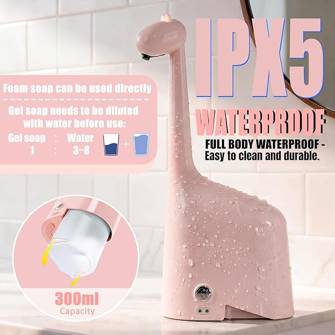 Automatic Soap Dispenser,Cute Dinosaur, Touchless, Rechargeable Foaming Soap Dispenser, 10oz/300ml, 3-Level Adjustable Foam, IPX5 Waterproof for Bathroom, Kitchen, Hotel,Restaurant, Pink