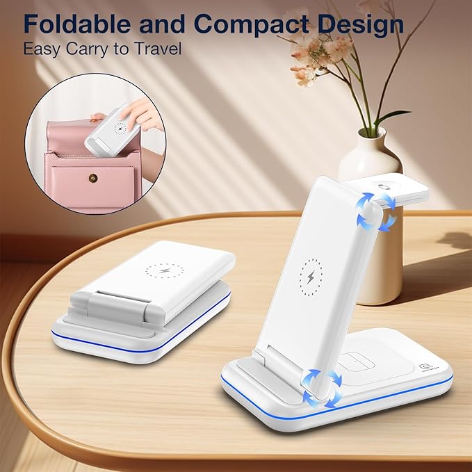 Wireless Charger for Samsung/Android, HOLYJOY Foldable 3 in 1 Fast Charging Station/Stand/Multi Charger for Samsung S25 Ultra/S24/Note 20,Travel Pad for Galaxy Watch 8/7/6/5/4/Active 2,For Buds(Ivory)