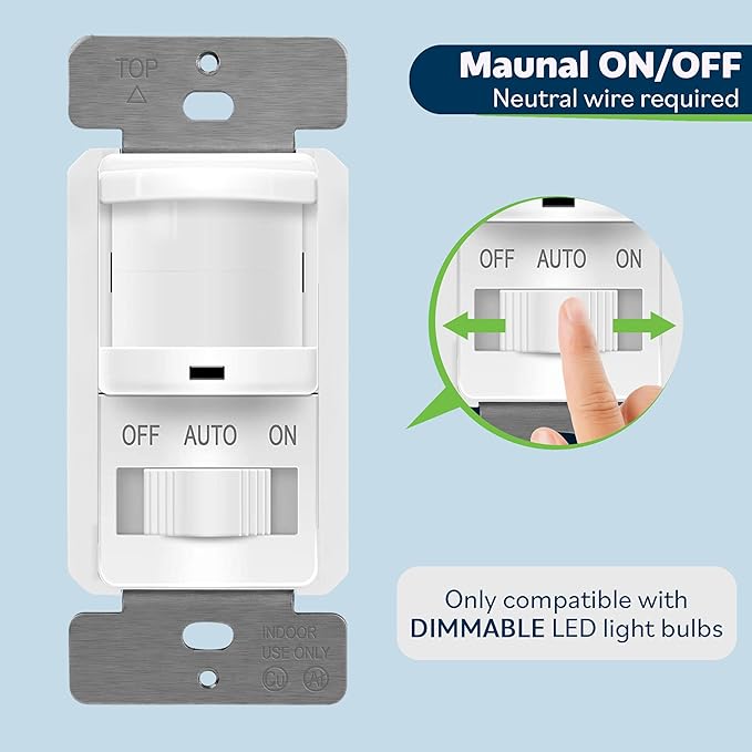 TOPGREENER in-Wall PIR Motion Sensor Light Switch, Motion Sensor Switch, Occupancy Sensor Switch, 4A, 500W, Single Pole, Neutral Wire Required, Wall Plate Included, TSOS5, White, 6 Pack