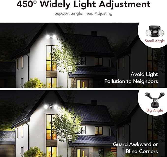OREiN Motion Sensor Outdoor Security Lights, Dual-Head Adjustable LED Flood Lights, 3 Modes (Motion/Manual/Dusk to Dawn), 150W Equivalent, 5000K, IP65 Waterproof, Hardwired, Black (2 Pack)