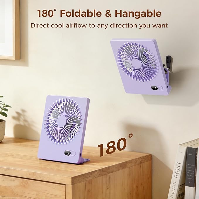Zuvas Desk Fan Battery Operated Fan Rechargeable 180°Tilt Folding Personal Fan Ultra Quiet Small Portable 3 Speed Adjustable Strong Wind Fan For Office Bedroom Home Desktop Camping (Light Purple)