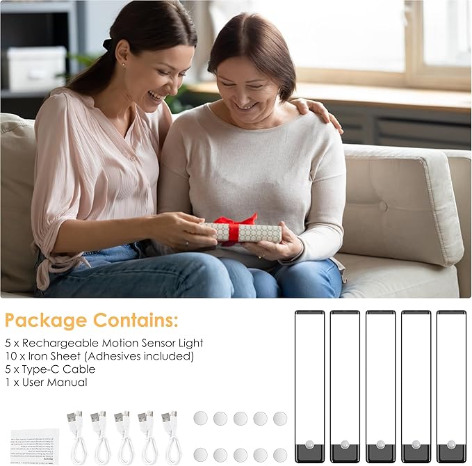 5-Pack Motion Sensor Under Cabinet Light, 3 Color Temperature Dimmable Rechargeable Magnetic Closet Light 7.9 inch Wireless Under Counter Light, Black