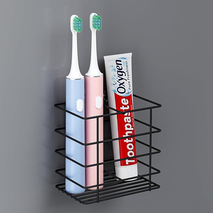 Shower Toothbrush Holder Wall Mounted, Adhesive Toothpaste Organizer for Bathroom Wall, Hanging Tooth Brush Holder Caddy with Drainage, Black RV Camper Bathroom Organizers and Storage
