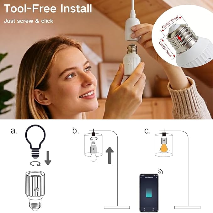 LoraTap Smart Wi-Fi Light Bulb Socket Adapter, Voice for Alexa/Google, Smart Life App Group & Timer, 60W Max, Incandescent Compatible, E26/E27, 3 Pack
