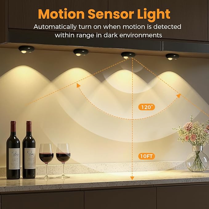 Motion Sensor Puck Lights, 3 Color Temperatures Dimmable Under Cabinet Lights, USB-C Rechargeable Magnetic Closet Lights, Wireless Cabinet Lights for Drawer, Shelf, Kitchen, Black, 4 Pack