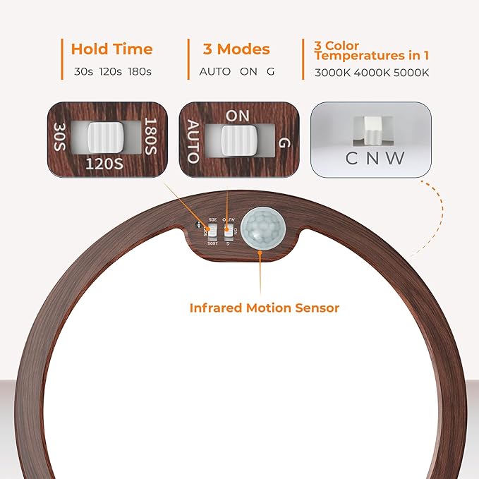 BLNAN Motion Sensor Ceiling Light Wired, 8.7 Inch 3000K 4000K 5000K Selectable LED Flush Mount Light Fixture, Motion Activated Light with Timer for Hallway Stair Walk-in Closet, Non-Dimmable - Walnut