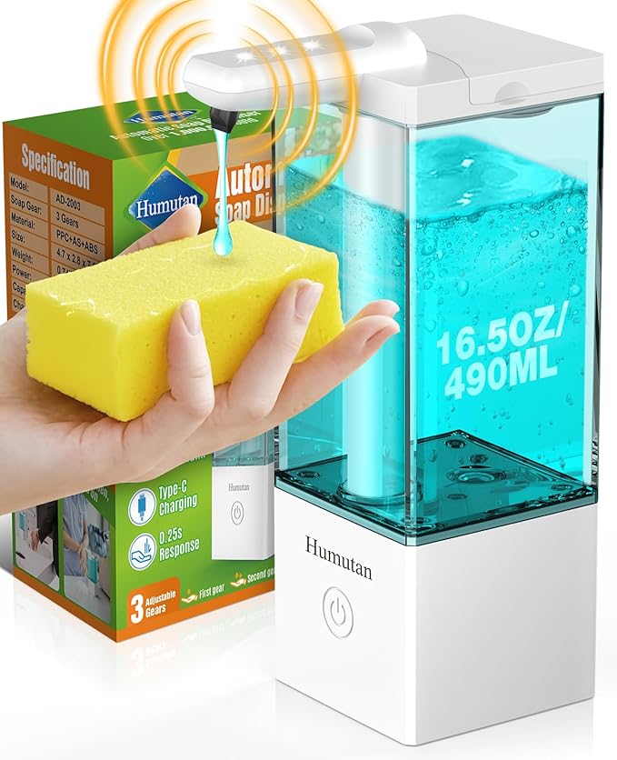 Automatic Soap Dispenser Touchless, Rechargeable Hand Soap Dispenser with 3 Adjustable Levels, Non-Slip Base, Smart Sensor, Easy for Kids & Seniors, for Kitchen Bathroom Dish Soap (16.5oz White)