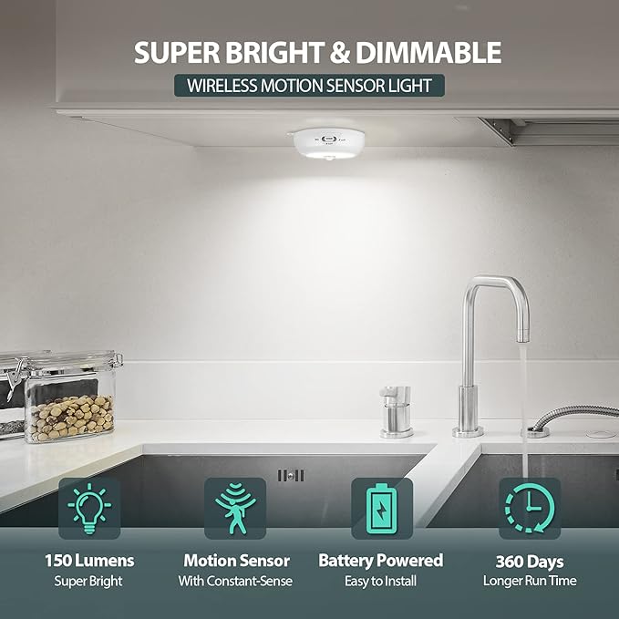 BLS Motion Sensor Light Indoor, Wireless LED Night Light, Under Cabinet Lighting, Battery Powered Puck Lights for Closet, Kitchen, Stairs, Wall, AA Battery Operated, Stick on, Dimmable, White, 6 Pack