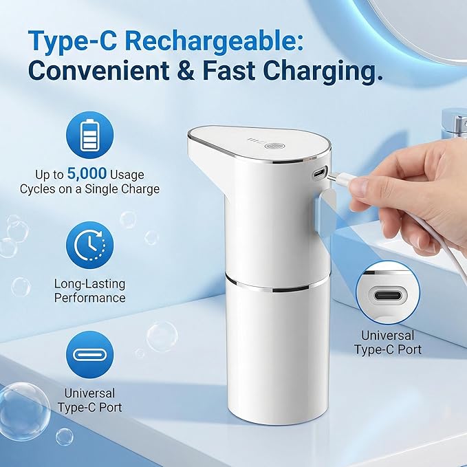 Automatic-Foaming-Soap-Dispenser-Touchless,Type C Rechargeable White Hand Soap Dispenser 13oz/350ml with 3 Foam Levels Wall Mounted & Countertop Design for Kitchen Bathroom IPX5 Waterproof